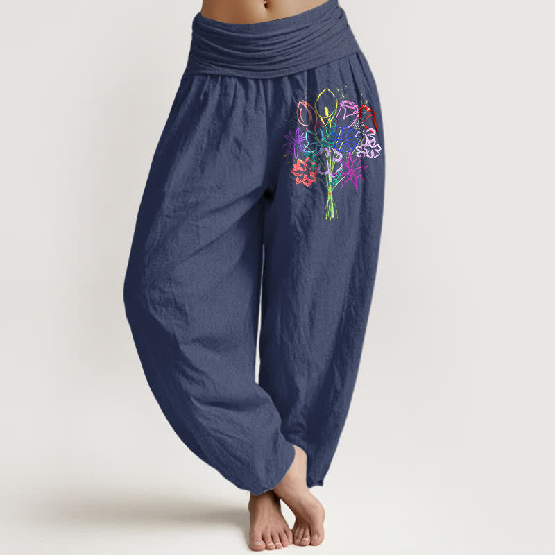 Nimara Ritual Pure Cotton Floral Bouquet Pattern Women's Elastic Waist Harem Pants