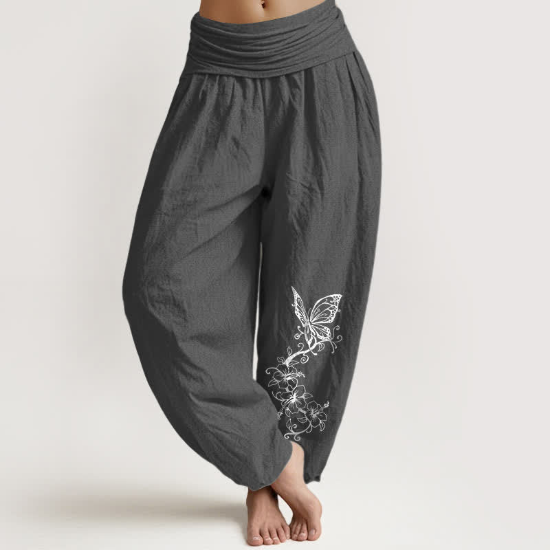 Nimara Ritual Pure Cotton Butterfly Floral Pattern Women's Elastic Waist Harem Pants