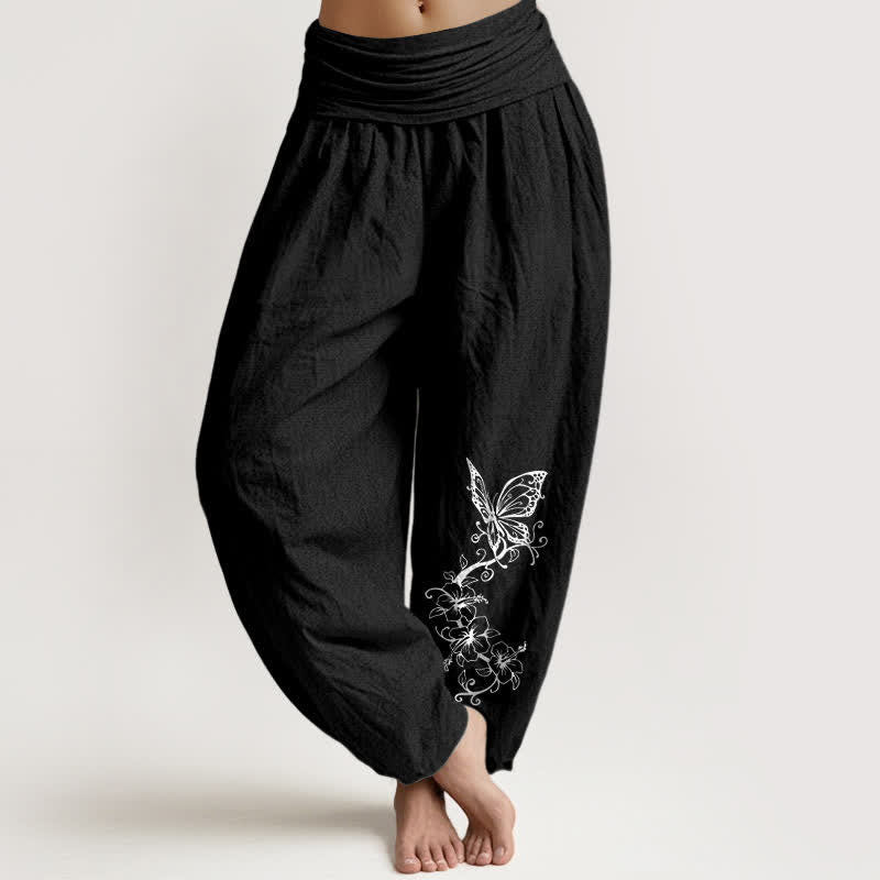Nimara Ritual Pure Cotton Butterfly Floral Pattern Women's Elastic Waist Harem Pants