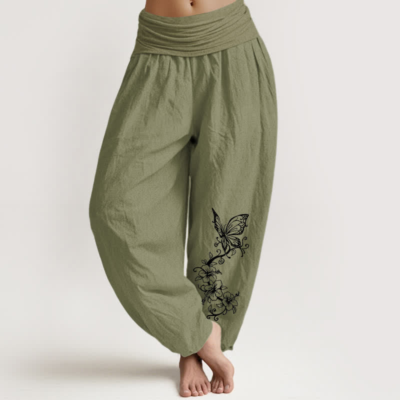 Nimara Ritual Pure Cotton Butterfly Floral Pattern Women's Elastic Waist Harem Pants