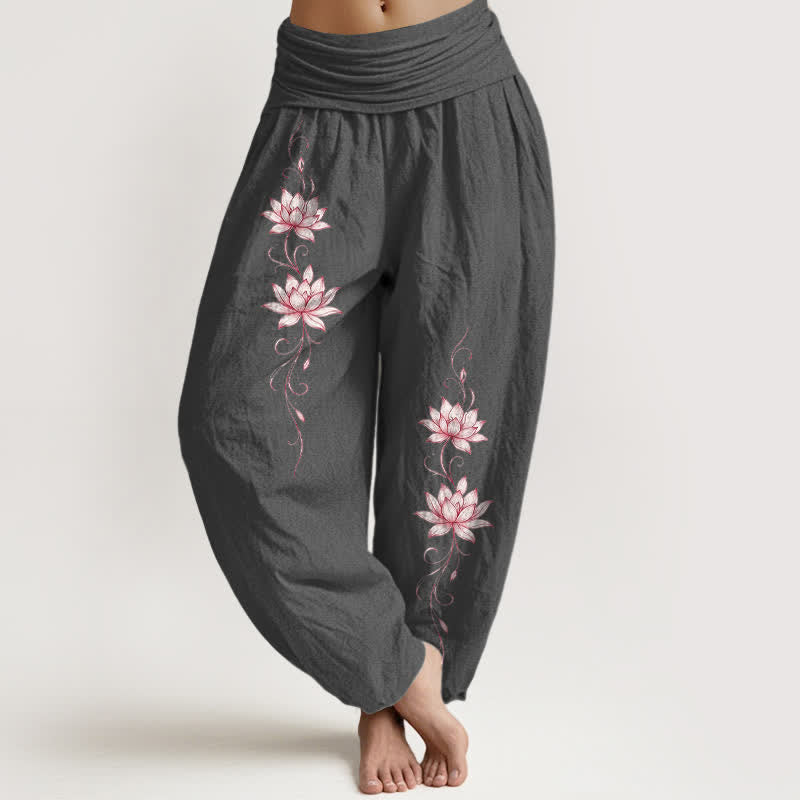 Nimara Ritual Pure Cotton Lotus Blossom Pattern Women's Elastic Waist Harem Pants