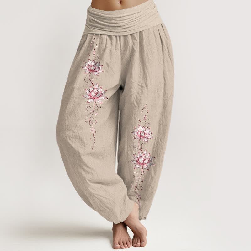 Nimara Ritual Pure Cotton Lotus Blossom Pattern Women's Elastic Waist Harem Pants