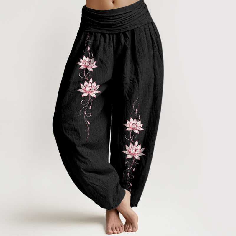 Nimara Ritual Pure Cotton Lotus Blossom Pattern Women's Elastic Waist Harem Pants