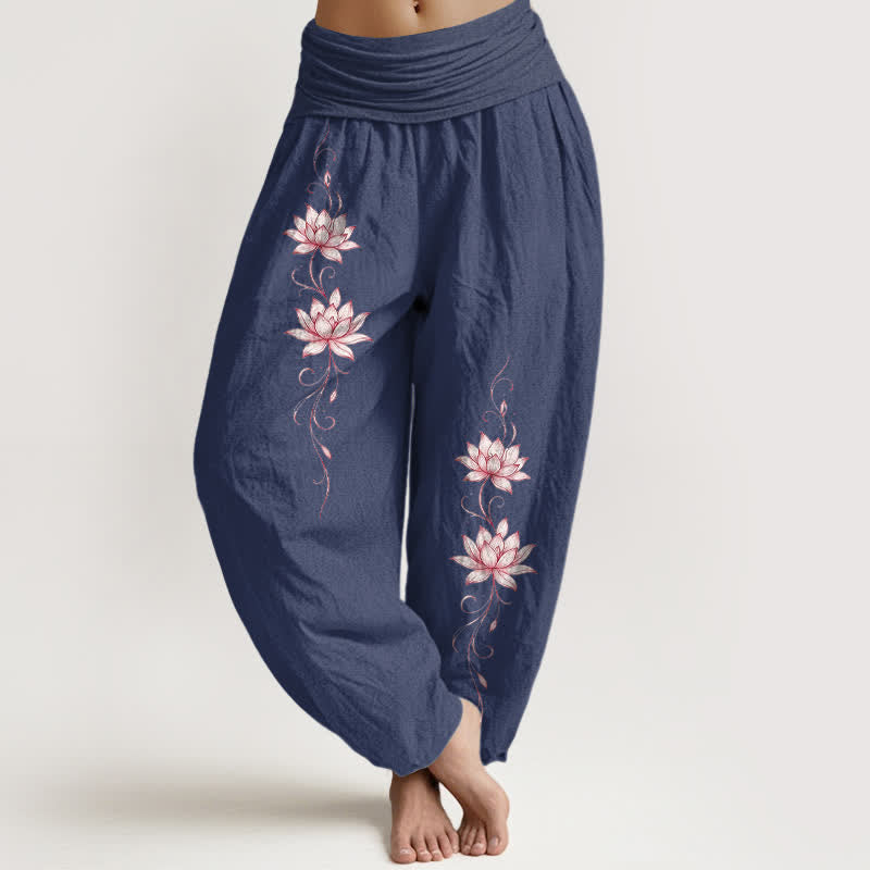 Nimara Ritual Pure Cotton Lotus Blossom Pattern Women's Elastic Waist Harem Pants