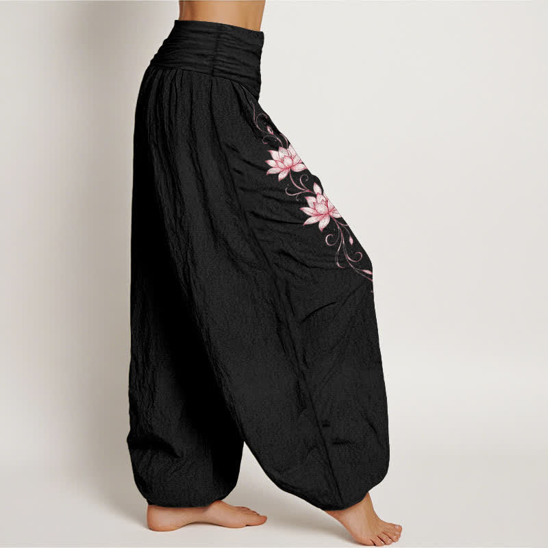 Nimara Ritual Pure Cotton Lotus Blossom Pattern Women's Elastic Waist Harem Pants