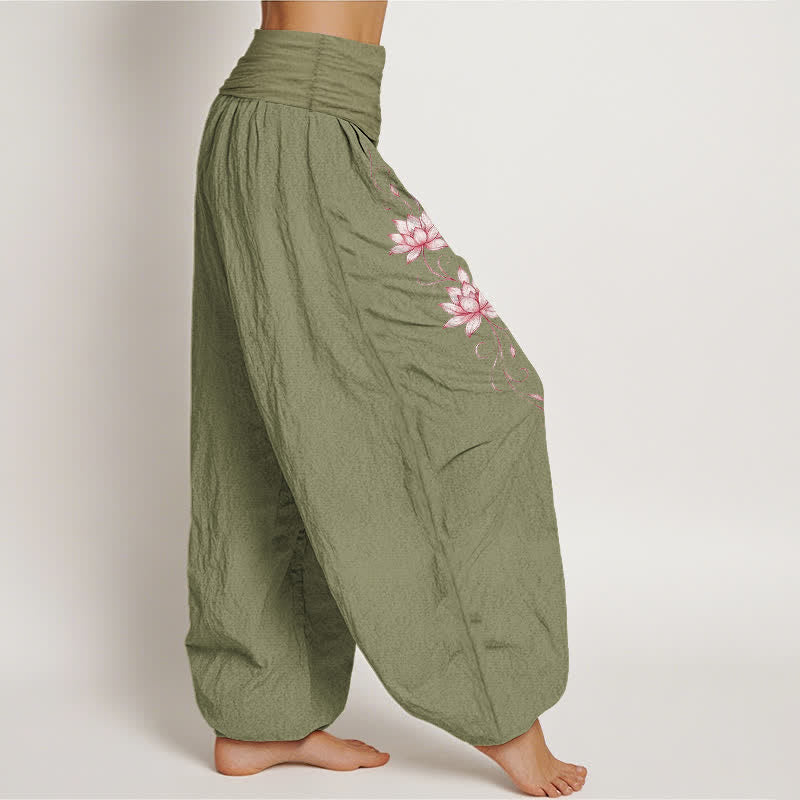 Nimara Ritual Pure Cotton Lotus Blossom Pattern Women's Elastic Waist Harem Pants