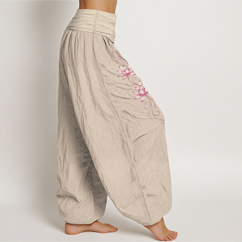 Nimara Ritual Pure Cotton Lotus Blossom Pattern Women's Elastic Waist Harem Pants