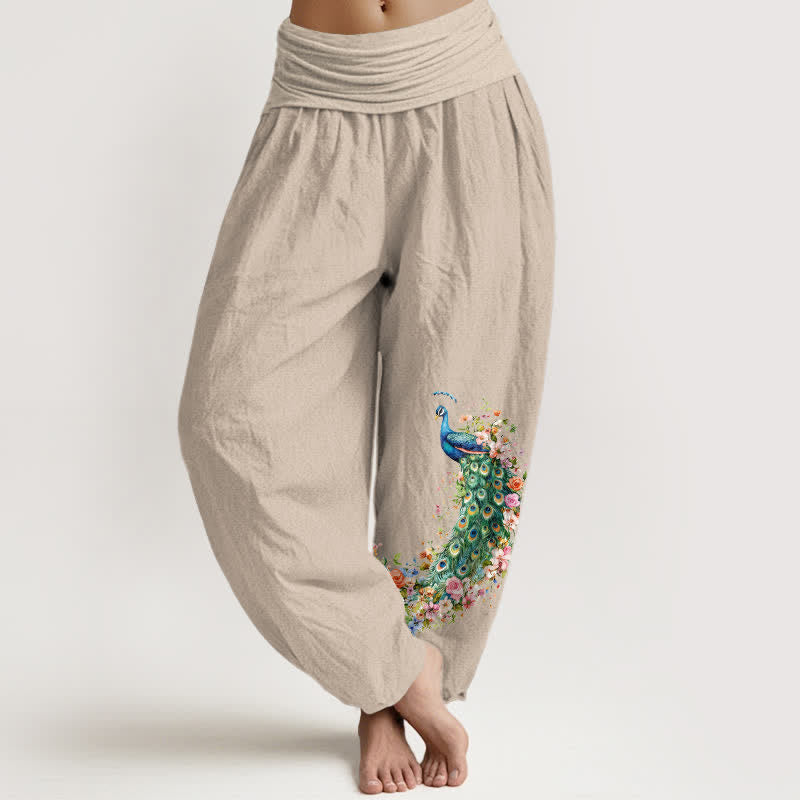 Nimara Ritual Pure Cotton Peacock Floral Pattern Women's Elastic Waist Harem Pants