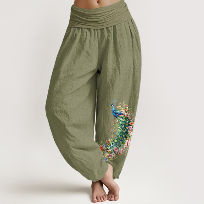 Nimara Ritual Pure Cotton Peacock Floral Pattern Women's Elastic Waist Harem Pants