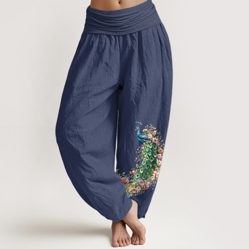 Nimara Ritual Pure Cotton Peacock Floral Pattern Women's Elastic Waist Harem Pants