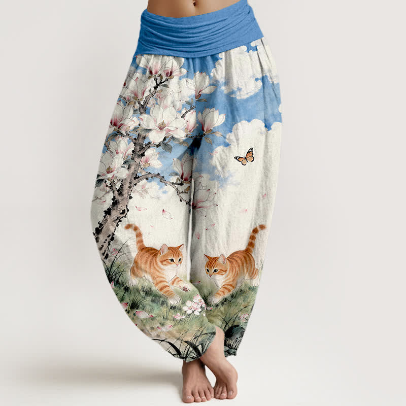 Nimara Ritual Pure Cotton Magnolia Orange Tabby Cats Pattern Women's Elastic Waist Harem Pants