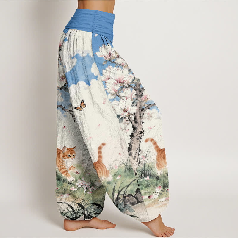 Nimara Ritual Pure Cotton Magnolia Orange Tabby Cats Pattern Women's Elastic Waist Harem Pants