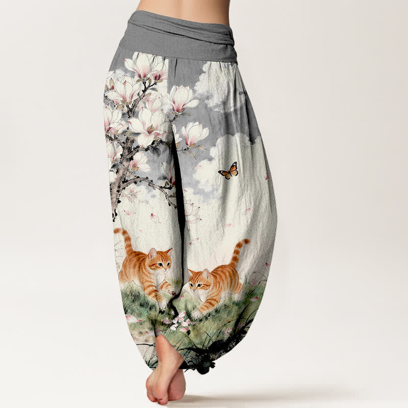 Nimara Ritual Pure Cotton Magnolia Orange Tabby Cats Pattern Women's Elastic Waist Harem Pants