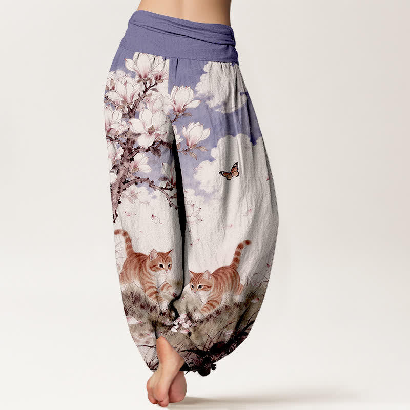 Nimara Ritual Pure Cotton Magnolia Orange Tabby Cats Pattern Women's Elastic Waist Harem Pants