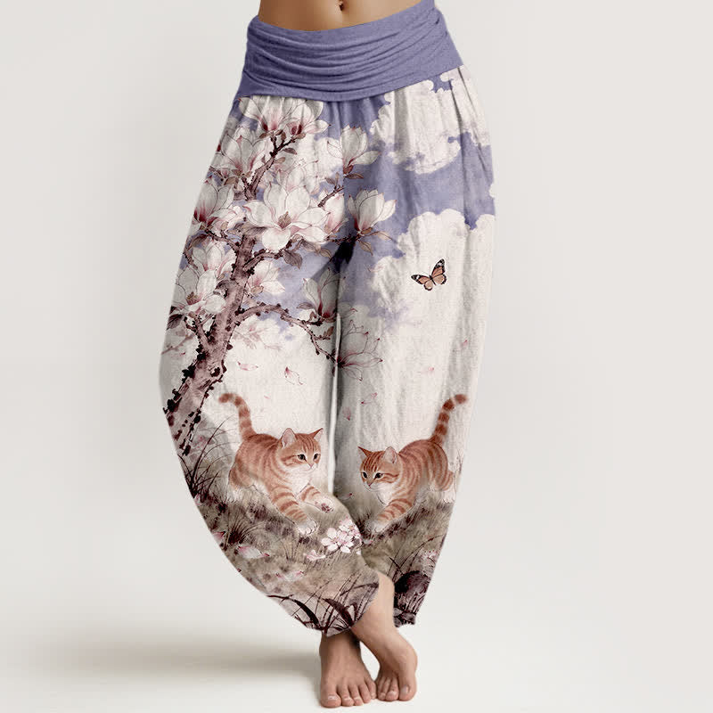 Nimara Ritual Pure Cotton Magnolia Orange Tabby Cats Pattern Women's Elastic Waist Harem Pants