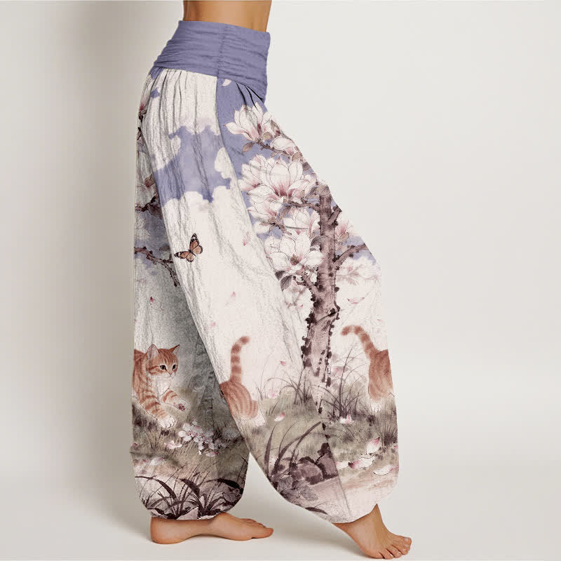Nimara Ritual Pure Cotton Magnolia Orange Tabby Cats Pattern Women's Elastic Waist Harem Pants