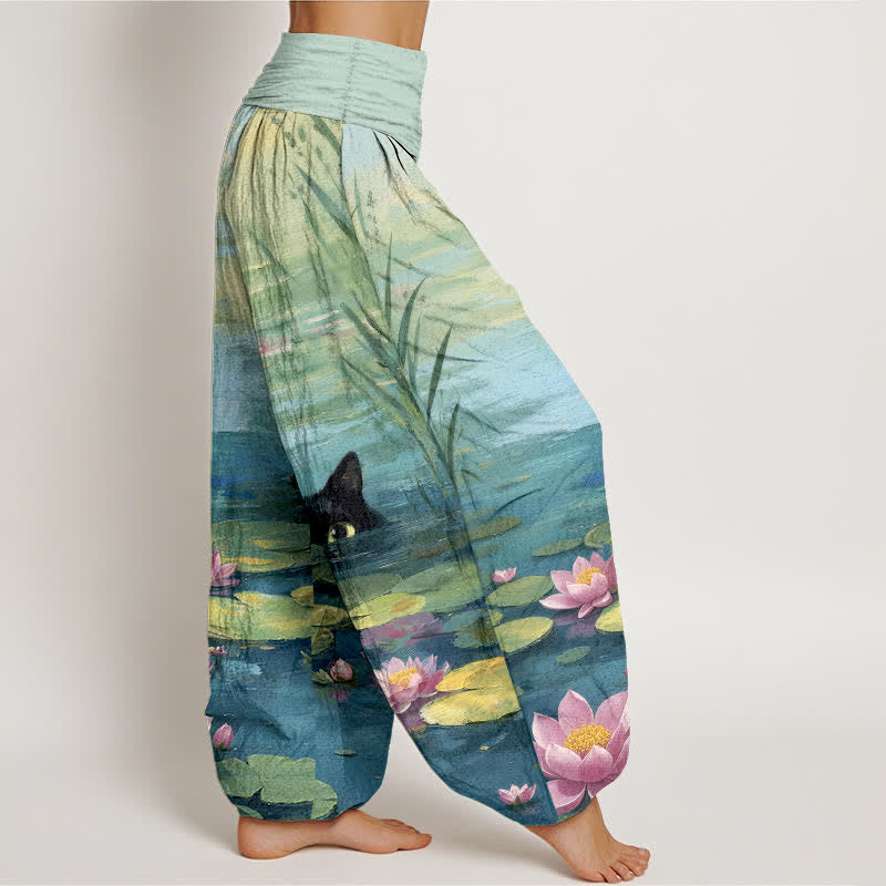 Nimara Ritual Cotton Lotus Pond Cat Pattern Women's Elastic Waist Harem Pants