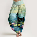 Nimara Ritual Cotton Lotus Pond Cat Pattern Women's Elastic Waist Harem Pants