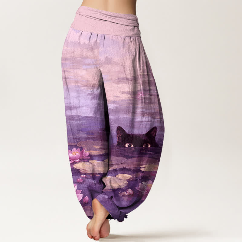 Nimara Ritual Cotton Lotus Pond Cat Pattern Women's Elastic Waist Harem Pants