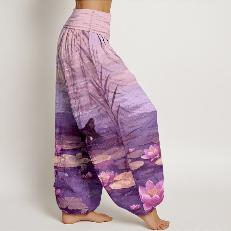 Nimara Ritual Cotton Lotus Pond Cat Pattern Women's Elastic Waist Harem Pants