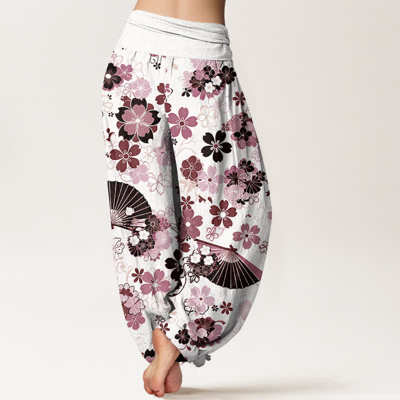 Nimara Ritual Cotton Cherry Blossoms Floral Fan Pattern Women's Elastic Waist Harem Pants