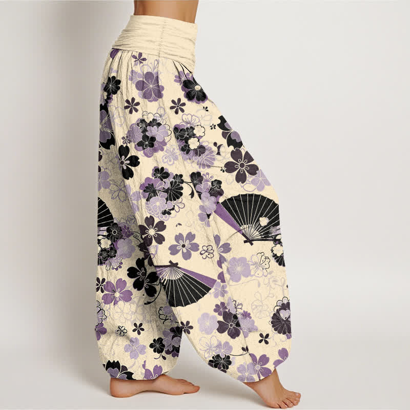 Nimara Ritual Cotton Cherry Blossoms Floral Fan Pattern Women's Elastic Waist Harem Pants