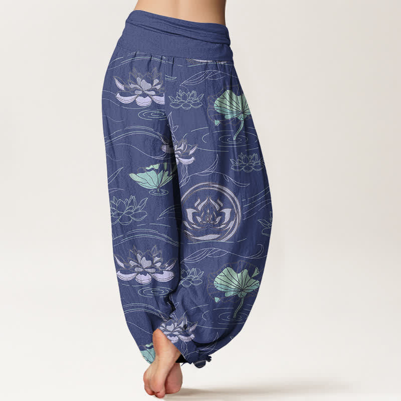 Nimara Ritual Cotton Lotus Ripple Pattern Women's Elastic Waist Harem Pants