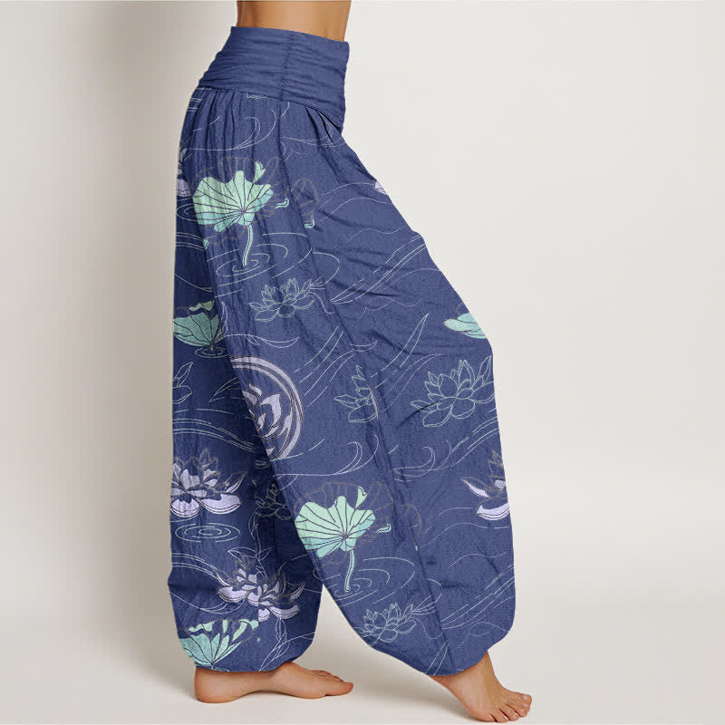 Nimara Ritual Cotton Lotus Ripple Pattern Women's Elastic Waist Harem Pants