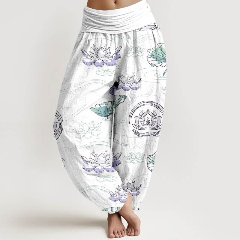 Nimara Ritual Cotton Lotus Ripple Pattern Women's Elastic Waist Harem Pants