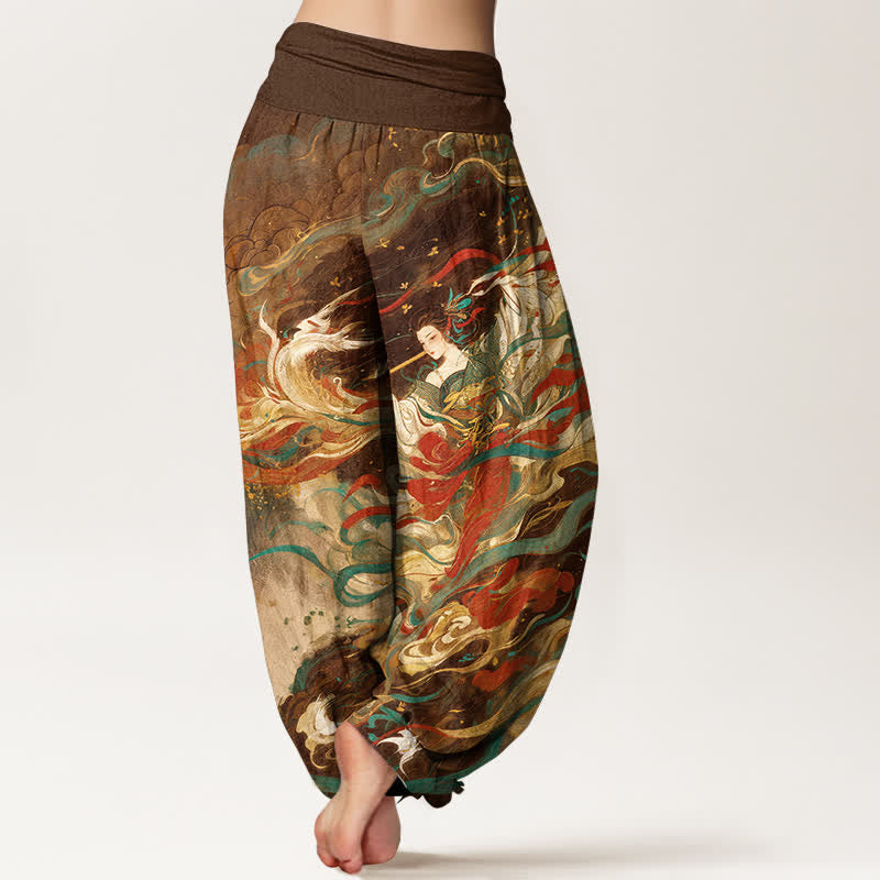 Nimara Ritual Cotton Dunhuang Oriental Figure Cloud Pattern Women's Elastic Waist Harem Pants