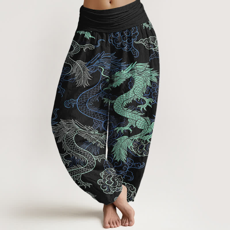Nimara Ritual Cotton Azure Dragon Pattern Women's Elastic Waist Harem Pants