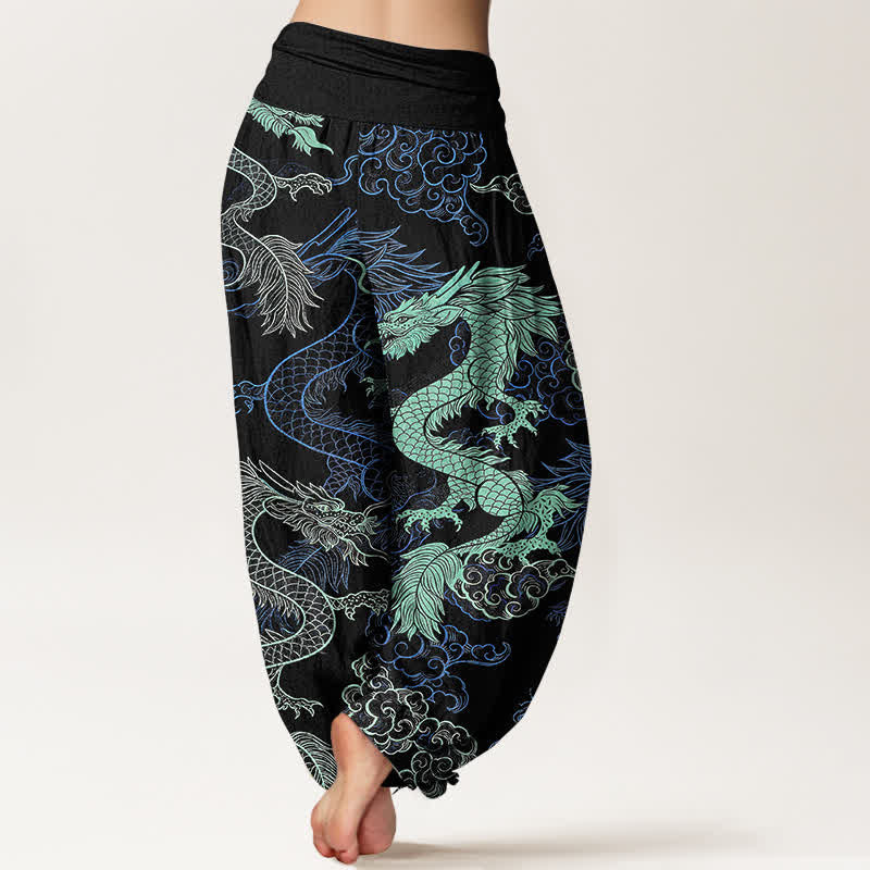 Nimara Ritual Cotton Azure Dragon Pattern Women's Elastic Waist Harem Pants