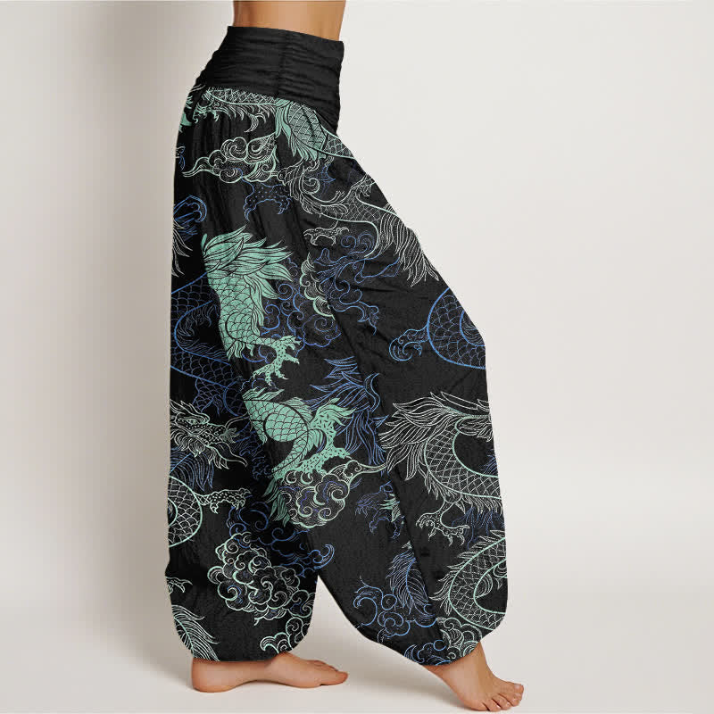 Nimara Ritual Cotton Azure Dragon Pattern Women's Elastic Waist Harem Pants