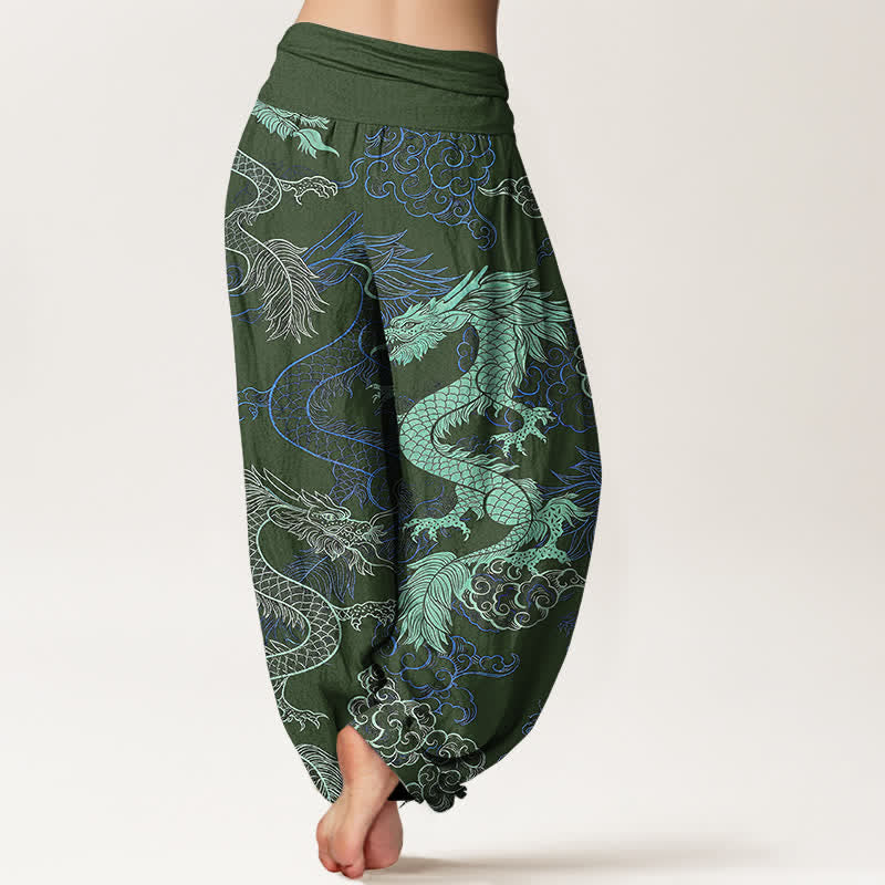 Nimara Ritual Cotton Azure Dragon Pattern Women's Elastic Waist Harem Pants