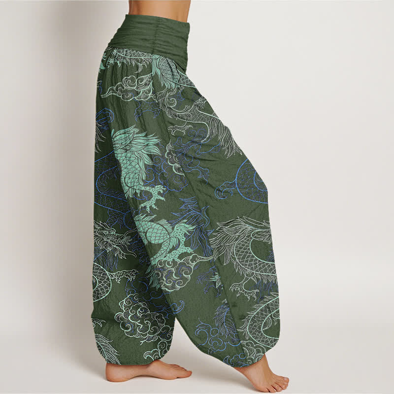 Nimara Ritual Cotton Azure Dragon Pattern Women's Elastic Waist Harem Pants