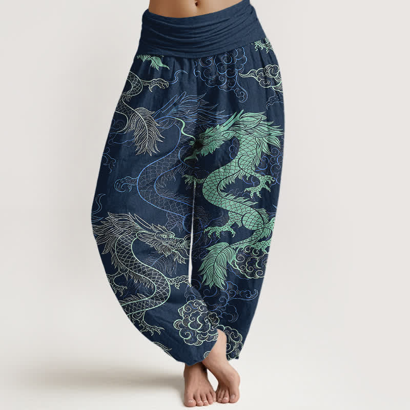 Nimara Ritual Cotton Azure Dragon Pattern Women's Elastic Waist Harem Pants