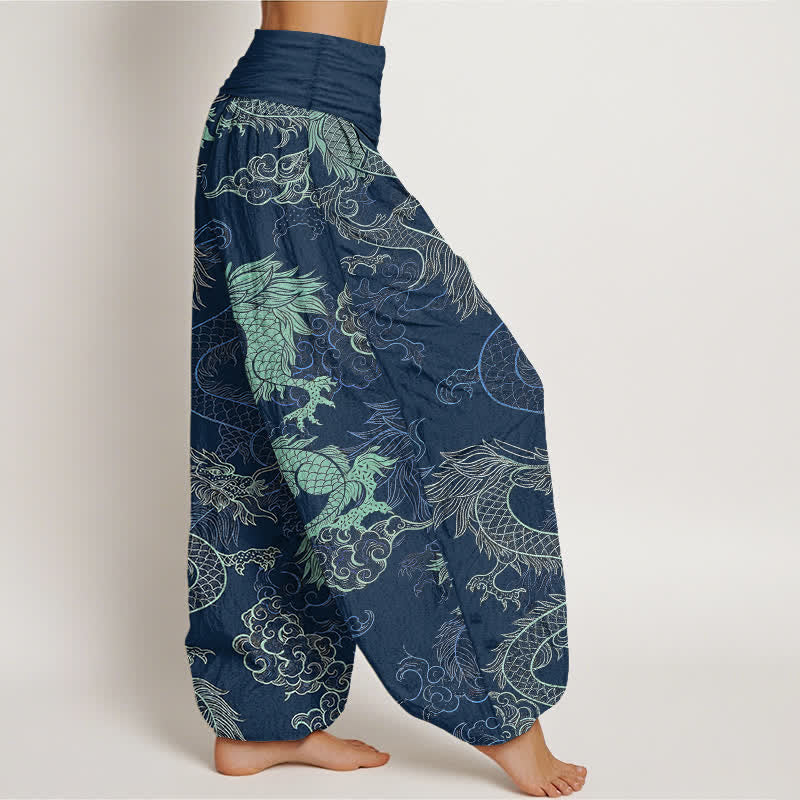 Nimara Ritual Cotton Azure Dragon Pattern Women's Elastic Waist Harem Pants