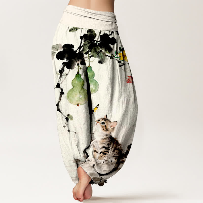 Nimara Ritual Cotton Ink Cat Gourd Pattern Women's Elastic Waist Harem Pants