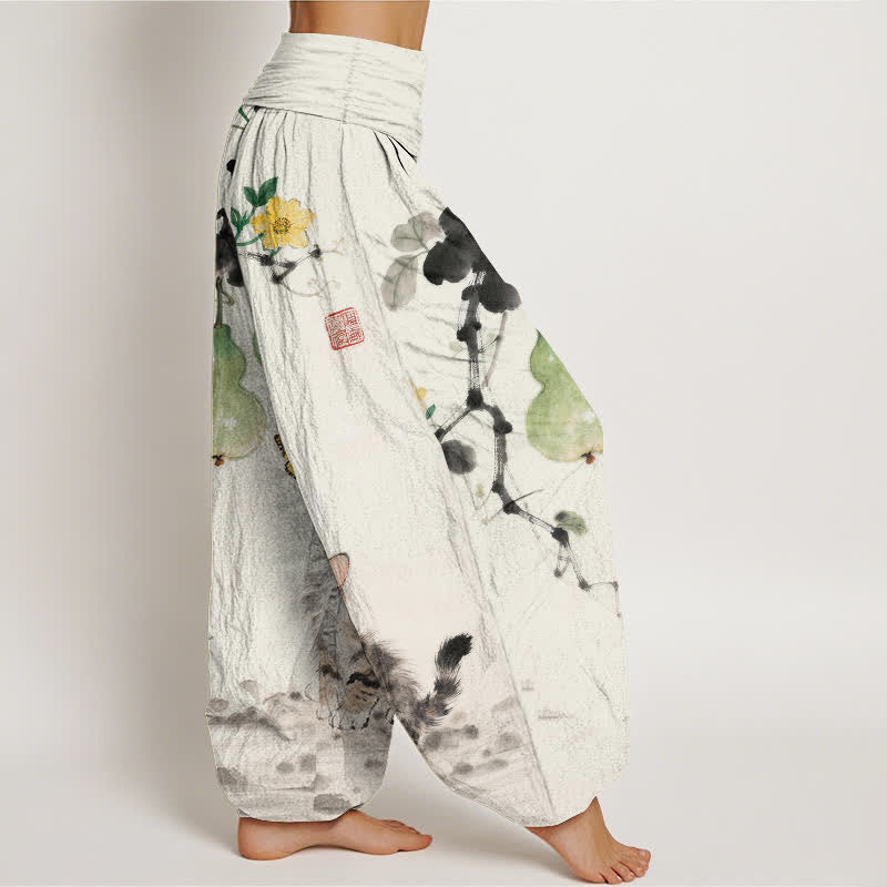 Nimara Ritual Cotton Ink Cat Gourd Pattern Women's Elastic Waist Harem Pants