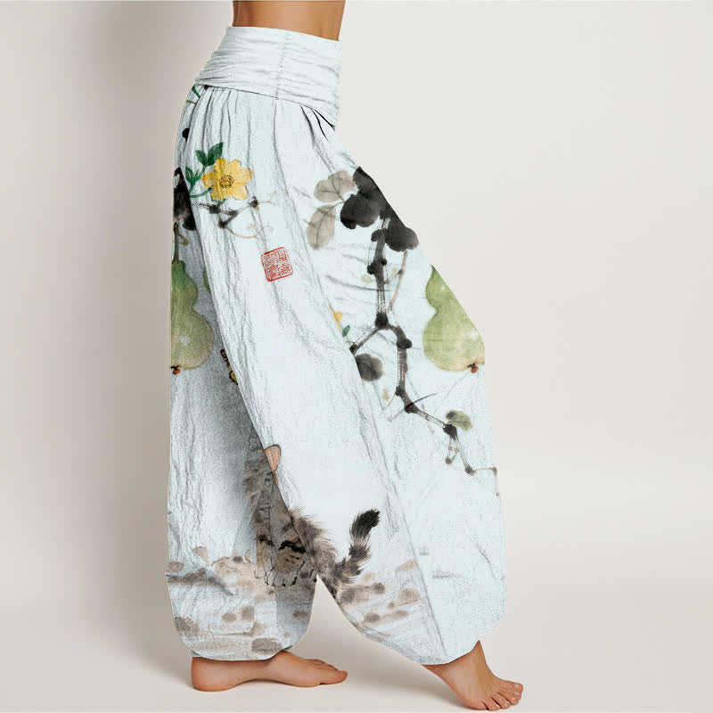 Nimara Ritual Cotton Ink Cat Gourd Pattern Women's Elastic Waist Harem Pants