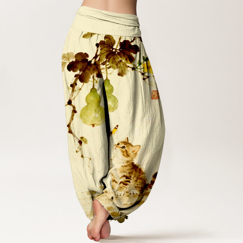 Nimara Ritual Cotton Ink Cat Gourd Pattern Women's Elastic Waist Harem Pants