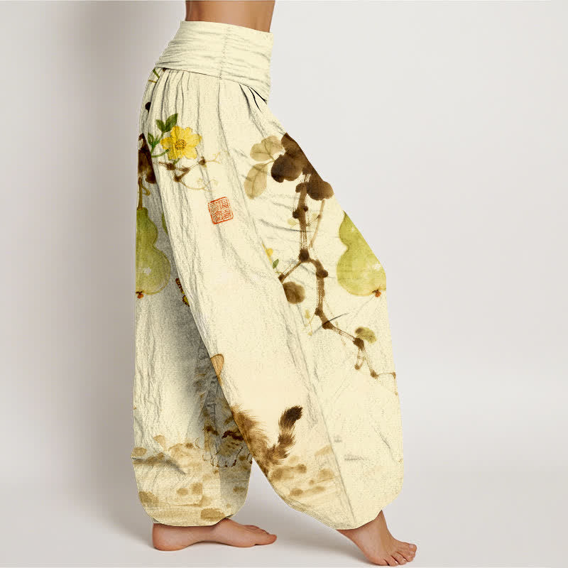 Nimara Ritual Cotton Ink Cat Gourd Pattern Women's Elastic Waist Harem Pants