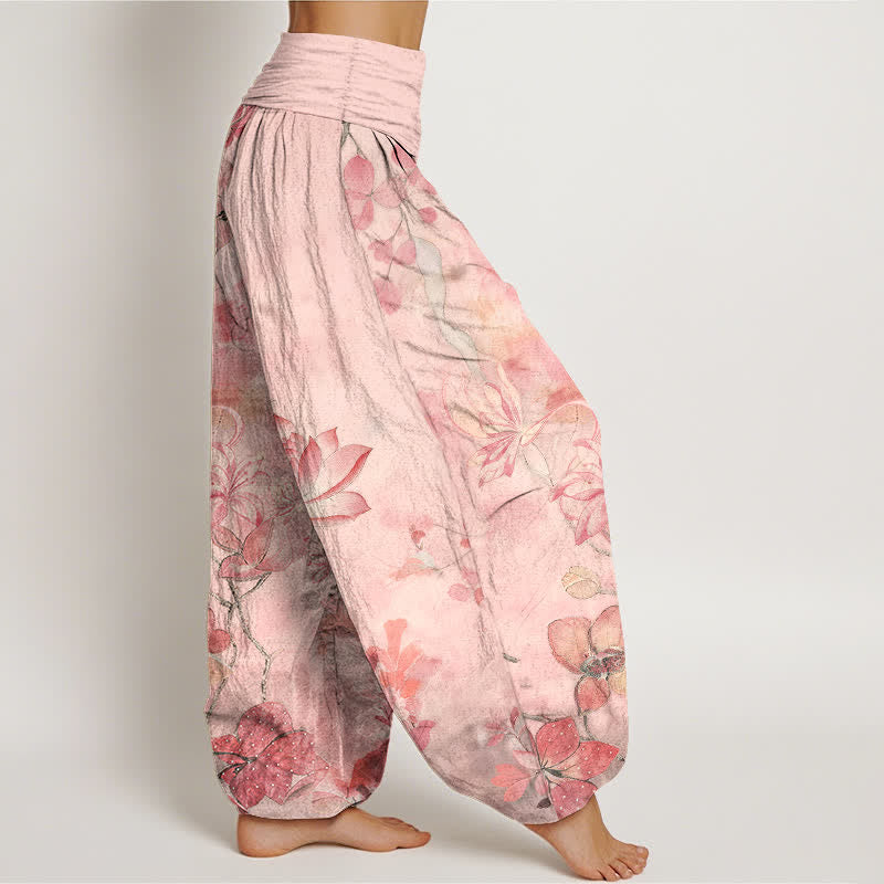 Nimara Ritual Cotton Lotus Bloom Dragonfly Pattern Women's Elastic Waist Harem Pants