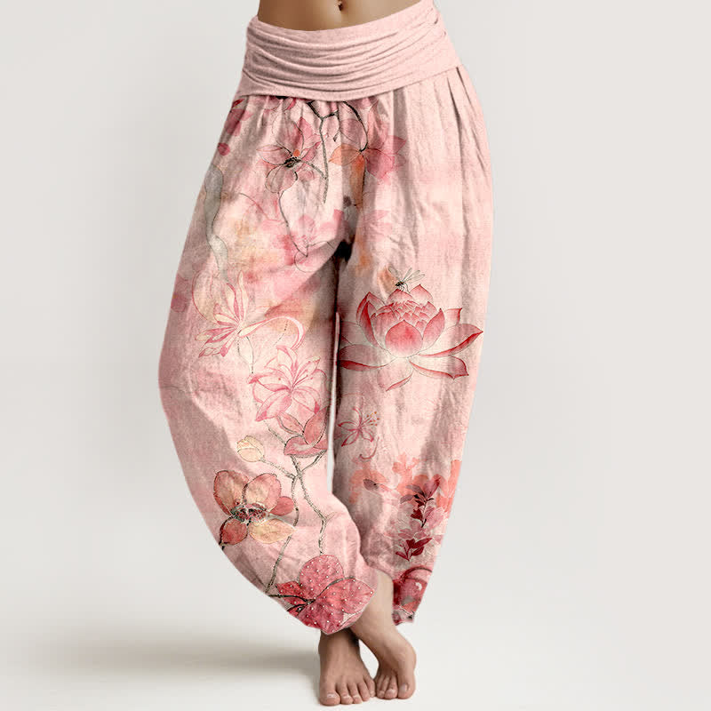 Nimara Ritual Cotton Lotus Bloom Dragonfly Pattern Women's Elastic Waist Harem Pants