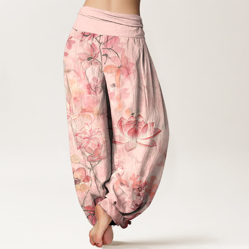 Nimara Ritual Cotton Lotus Bloom Dragonfly Pattern Women's Elastic Waist Harem Pants