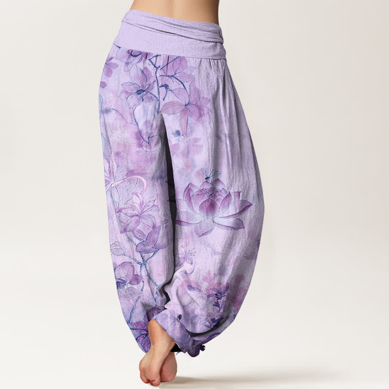 Nimara Ritual Cotton Lotus Bloom Dragonfly Pattern Women's Elastic Waist Harem Pants
