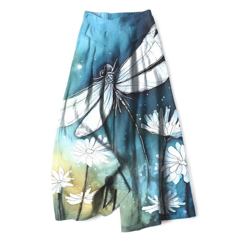 Nimara Ritual Cotton Linen Dragonfly Daisy Pattern Women's Elastic Waist Wide Leg Pants With Pockets