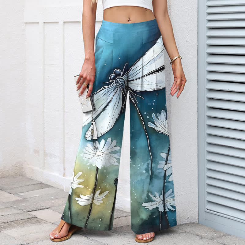 Nimara Ritual Cotton Linen Dragonfly Daisy Pattern Women's Elastic Waist Wide Leg Pants With Pockets
