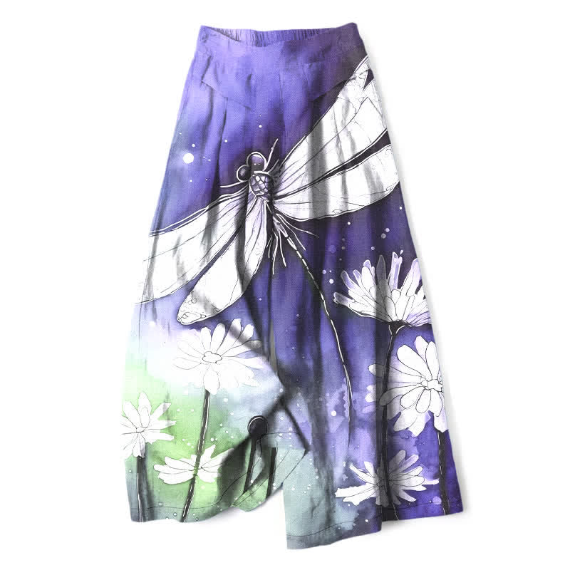 Nimara Ritual Cotton Linen Dragonfly Daisy Pattern Women's Elastic Waist Wide Leg Pants With Pockets