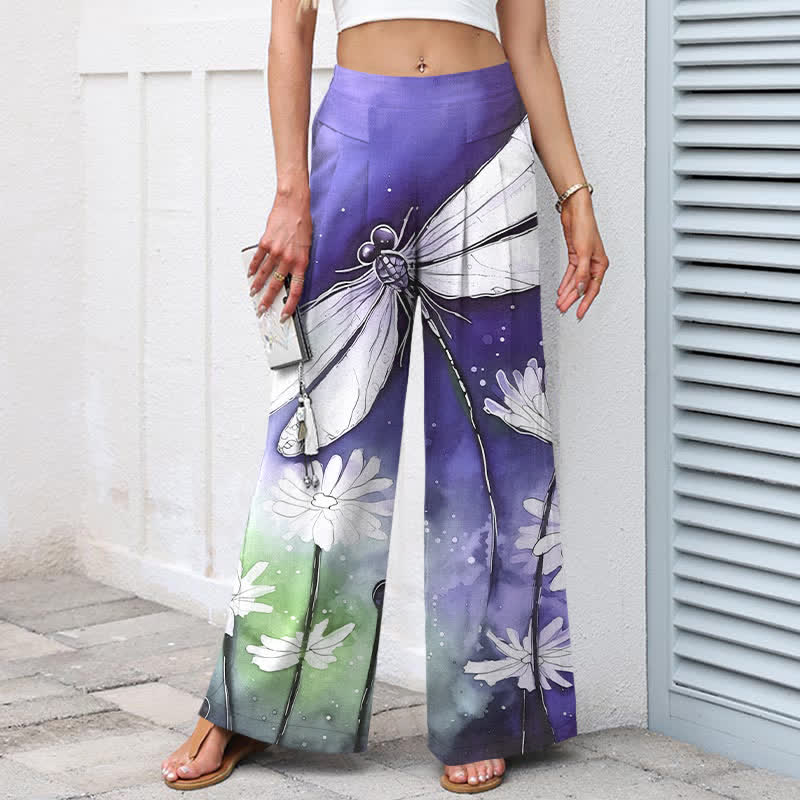 Nimara Ritual Cotton Linen Dragonfly Daisy Pattern Women's Elastic Waist Wide Leg Pants With Pockets